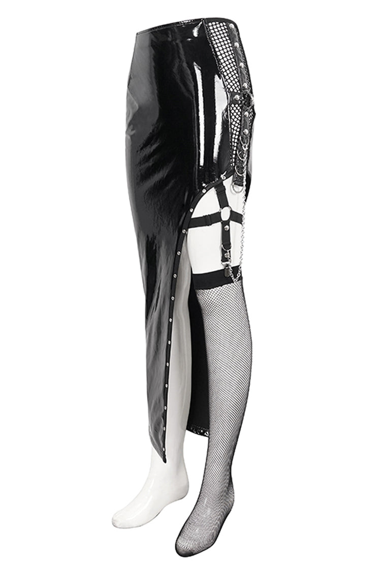 Black Irregular Patent Leather Women's Punk Skirt With Mesh Stocking - Product - 10