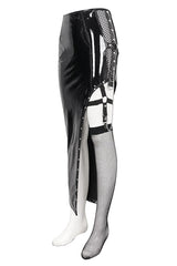Black Irregular Patent Leather Women's Punk Skirt With Mesh Stocking - Product - 10