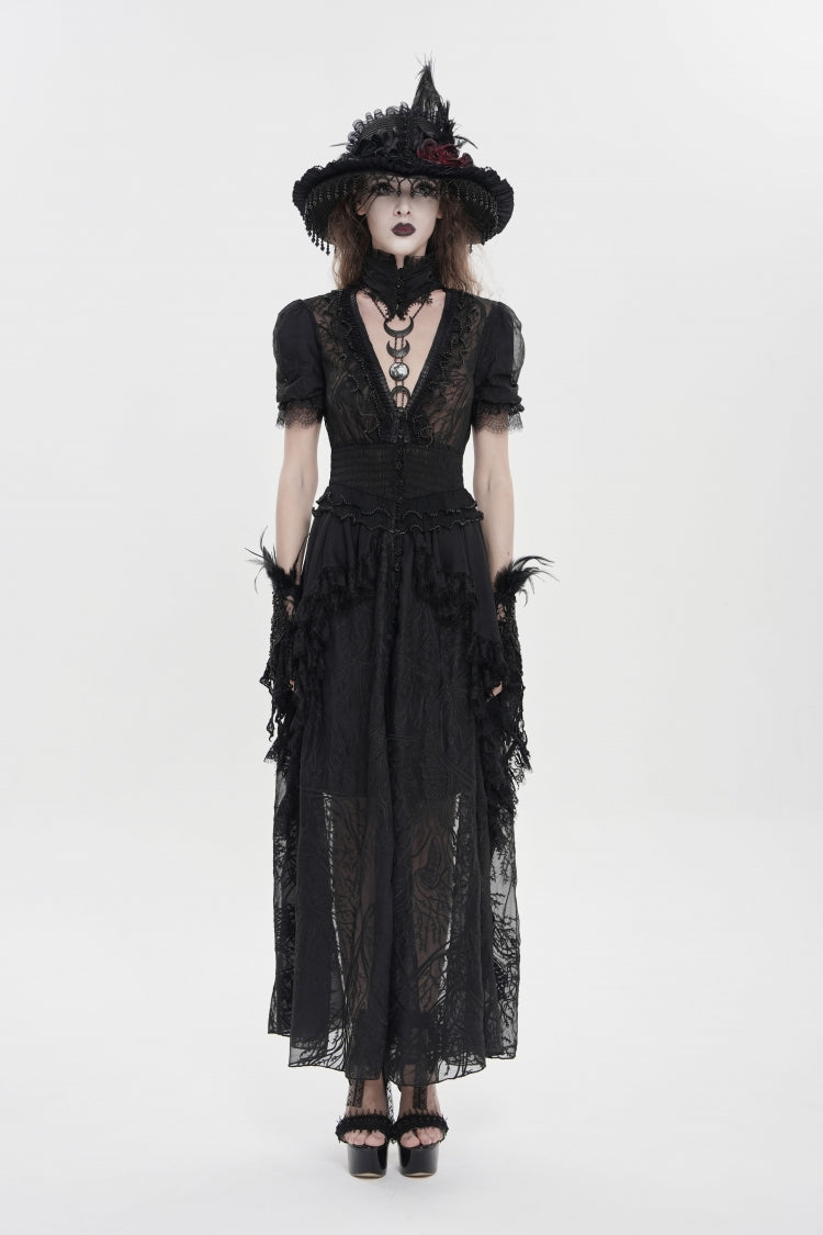 Black V Collar Short Sleeves Hanayome Lace Women's Gothic Wedding Dress - Product - 2