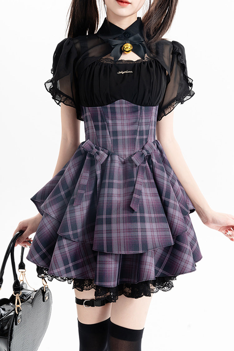 Purple [Magic Cat] Double-Layered Stripe Print Bowknot Sweet Lolita Jumper Dress - Purple - 1