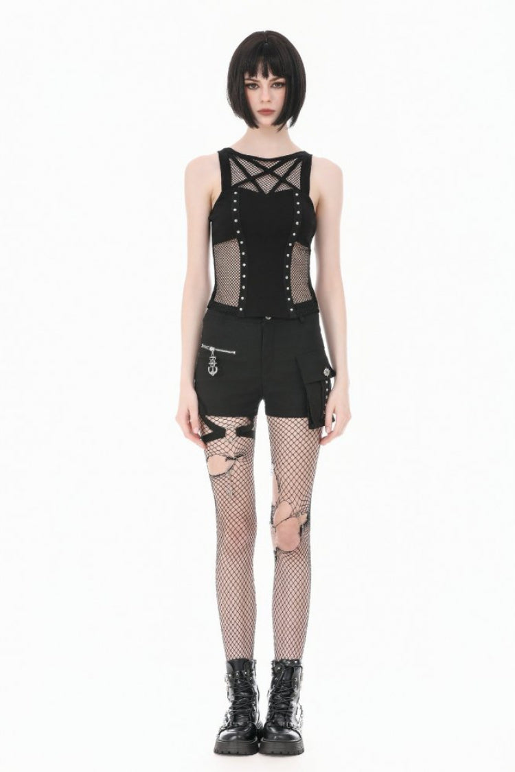 Black Women's Punk Sleeveless Studded Pentagram Sheer Mesh Splice Tank Top - Product - 8