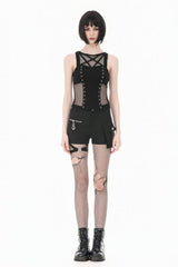 Black Women's Punk Sleeveless Studded Pentagram Sheer Mesh Splice Tank Top - Product - 8