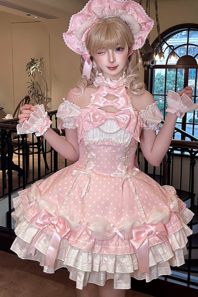 Pink Halterneck Short Sleeves Triple-Layered Polka Dot Printed Bow Lace-Up Sweet Lolita Dress - Product - 9