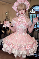 Pink Halterneck Short Sleeves Triple-Layered Polka Dot Printed Bow Lace-Up Sweet Lolita Dress - Product - 9