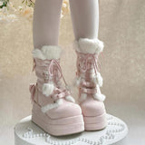 Pink Cute Platform Thick-Soled Bowknot Lace-Up Sweet Lolita Plush Boots - Product - 5