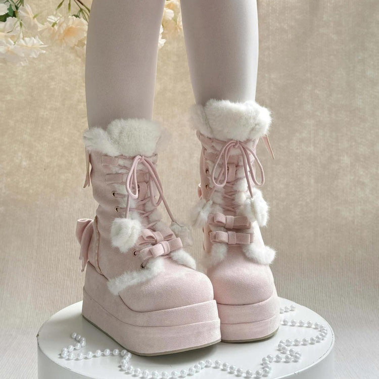 Pink Cute Platform Thick-Soled Bowknot Lace-Up Sweet Lolita Plush Boots - Product - 5