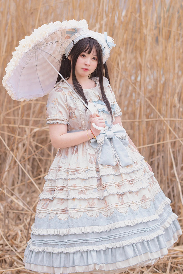 Blue/Apricot [Harvest Bear] Print Short Sleeves Multi-Layered Ruffle Bowknot Sweet Plus Size Lolita Dress 2 Versions - Product - 6