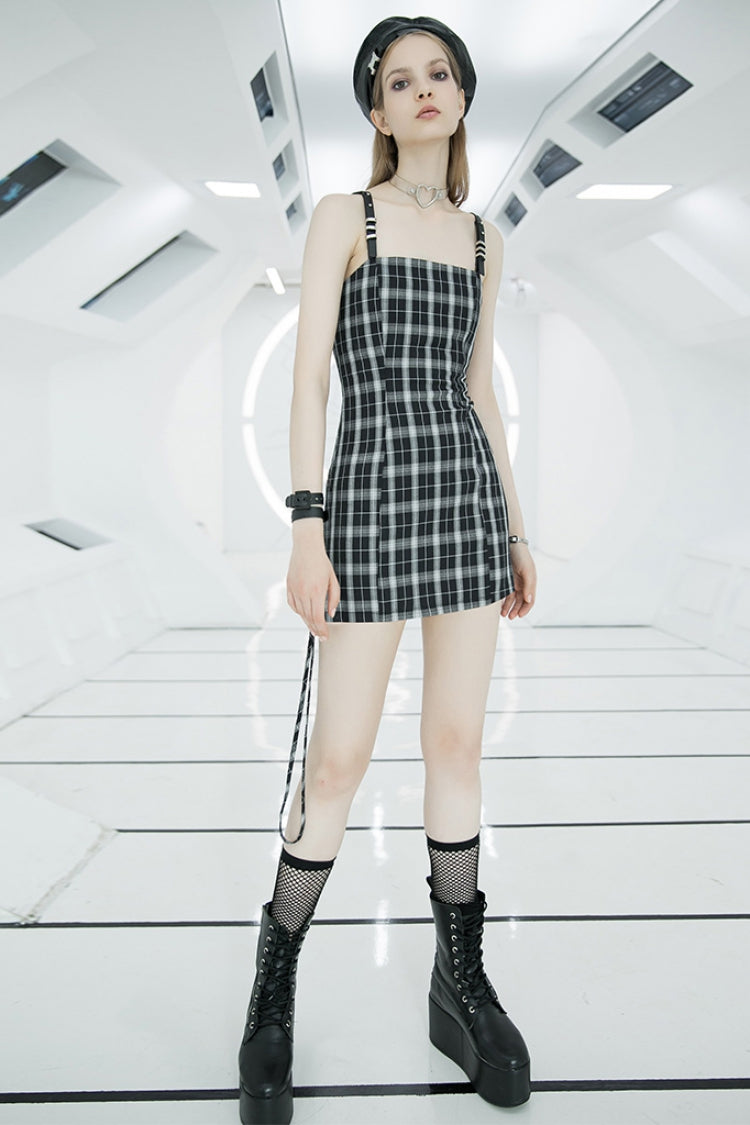 Plaid Print High Waisted Women's Punk Strap Dress 2 Colors - Product - 4