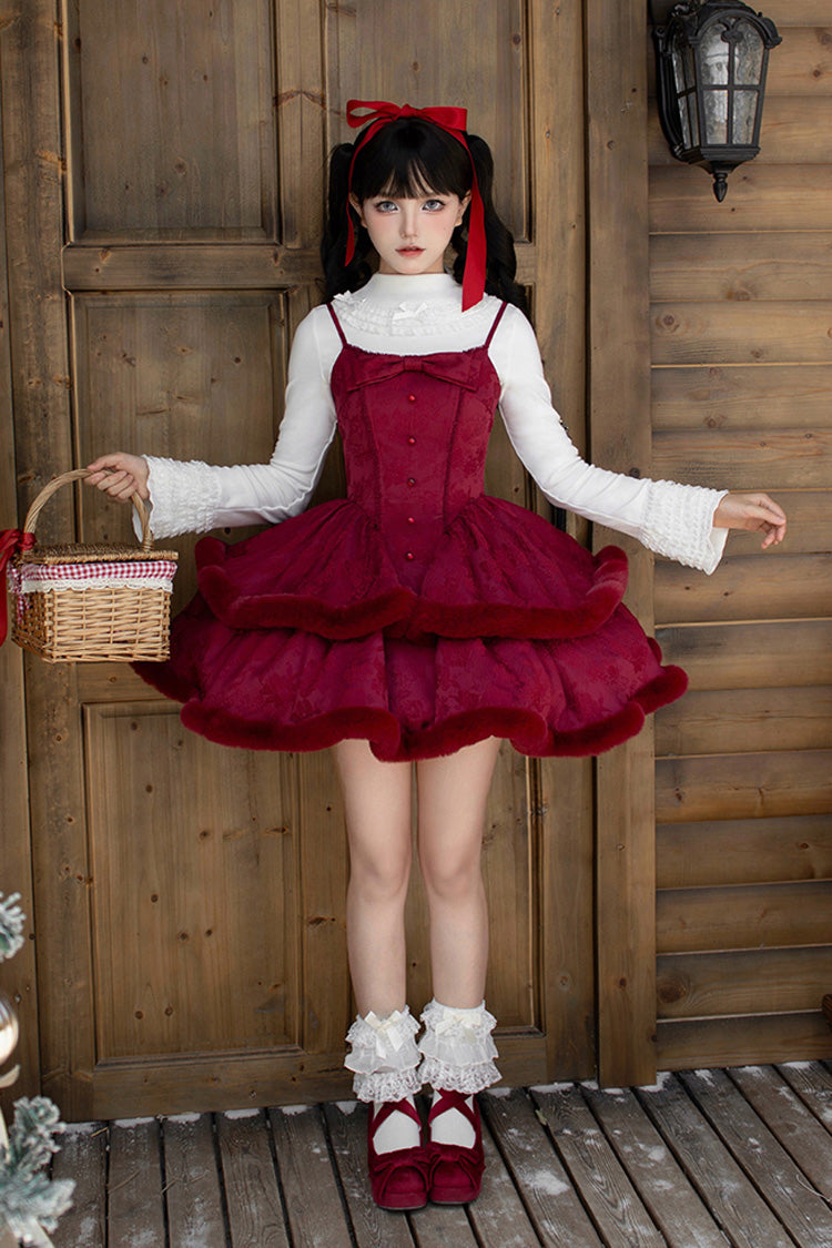 [Winter's Wish] Double-Layered Jacquard Bowknot Furry Sweet Lolita Jsk Dress 2 Colors - Product - 2