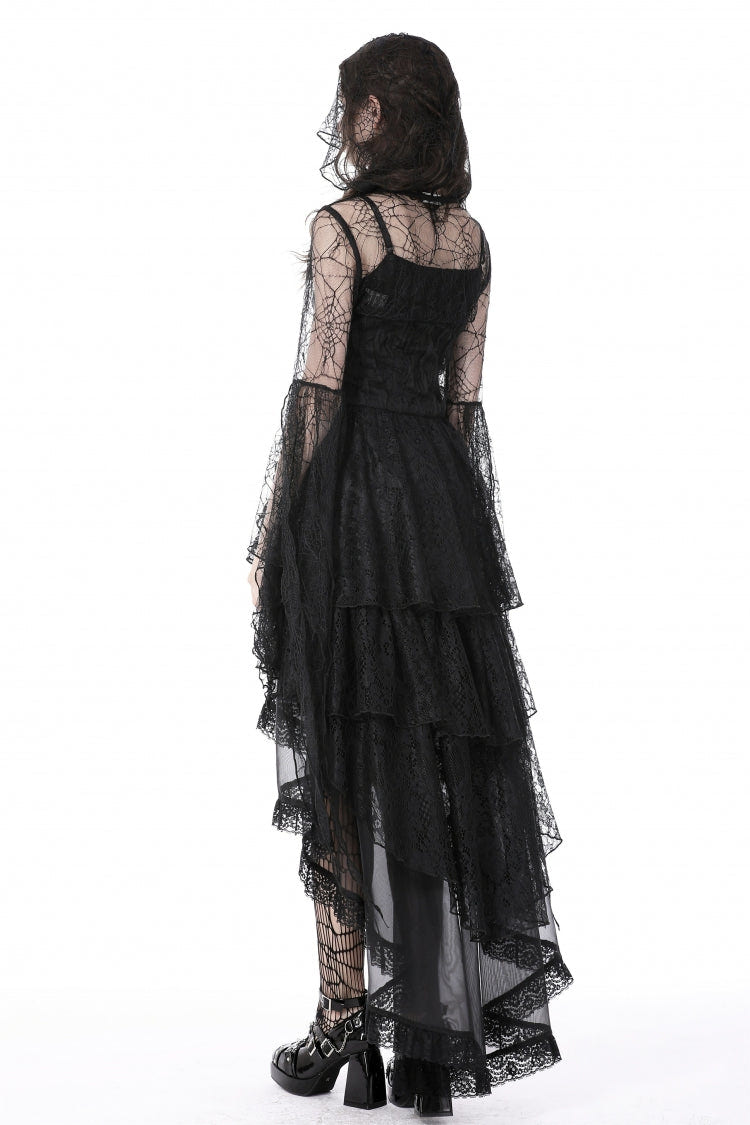 Black Spider Exaggerated Long Flared Sleeves Lace-Up Sheer Women's Gothic Cape with Hood - Product - 4