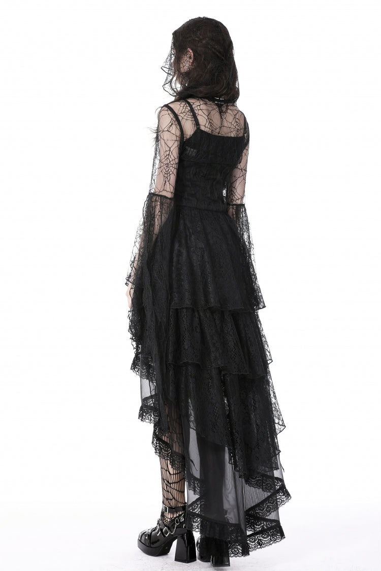 Black Spider Exaggerated Long Flared Sleeves Lace-Up Sheer Women's Gothic Cape with Hood - Product - 4