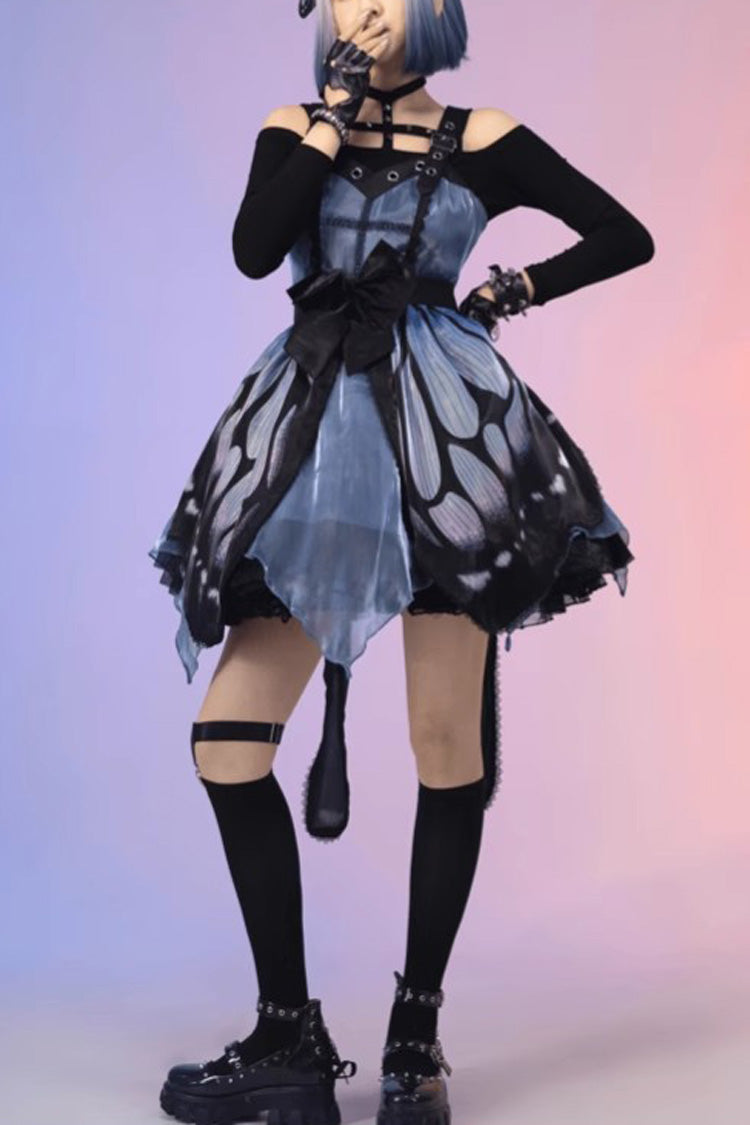 Black/Blue Butterfly Effect Sleeveless Print Bowknot Version Gothic Punk Lolita Dress - Black/Blue - 1