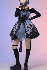 Black/Blue Butterfly Effect Sleeveless Print Bowknot Version Gothic Punk Lolita Dress - Black/Blue - 1