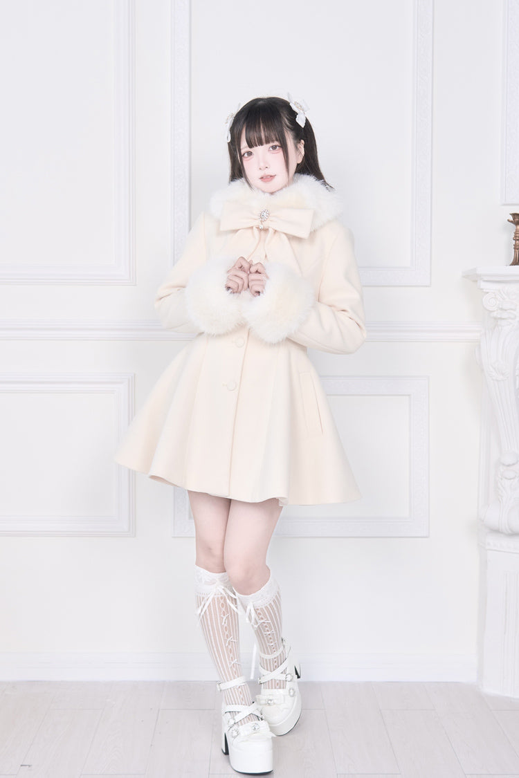 Apricot Plush Collar Long Sleeves Bowknot Japanese Sweet Lolita Coat - Product - 7