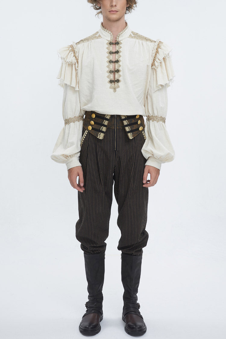 Beige Stand Collar Lantern Sleeves Multi-layer Ruffle Men's Gothic Blouse - Beige - 1