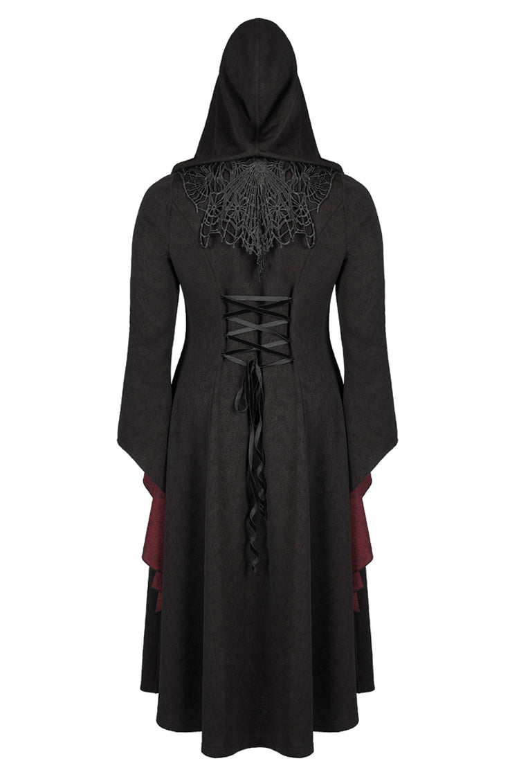 Black/Red Knitted Long Sleeves Big Hat Mystery Witch Rose Pattern Women's Gothic Coat - Product - 7