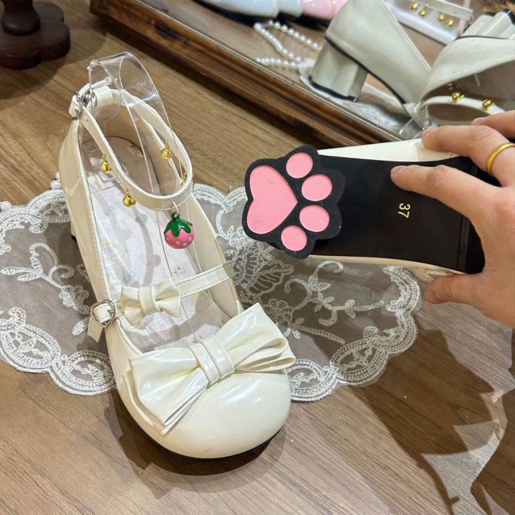 Round Toe Bow Mid Heel Lolita Mary Jane Shoes with Cat Paw Heels & Ankle Bells 6 Colors - White - 3