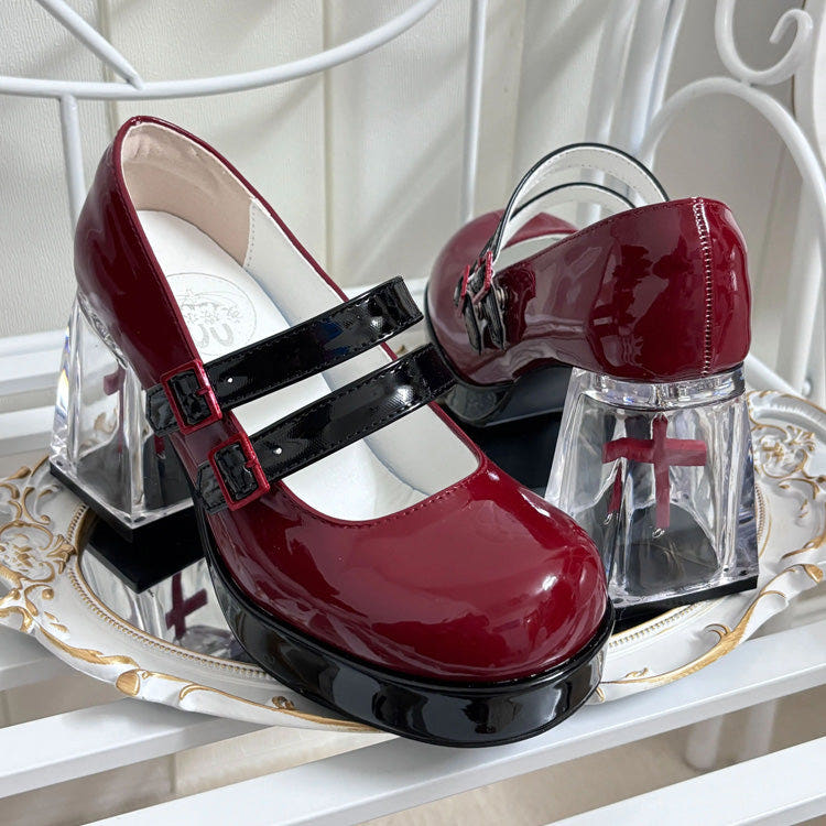 Gothic Sweet Lolita Cross-Shaped Transparent Block Heel Shoes - Black/Red - 1