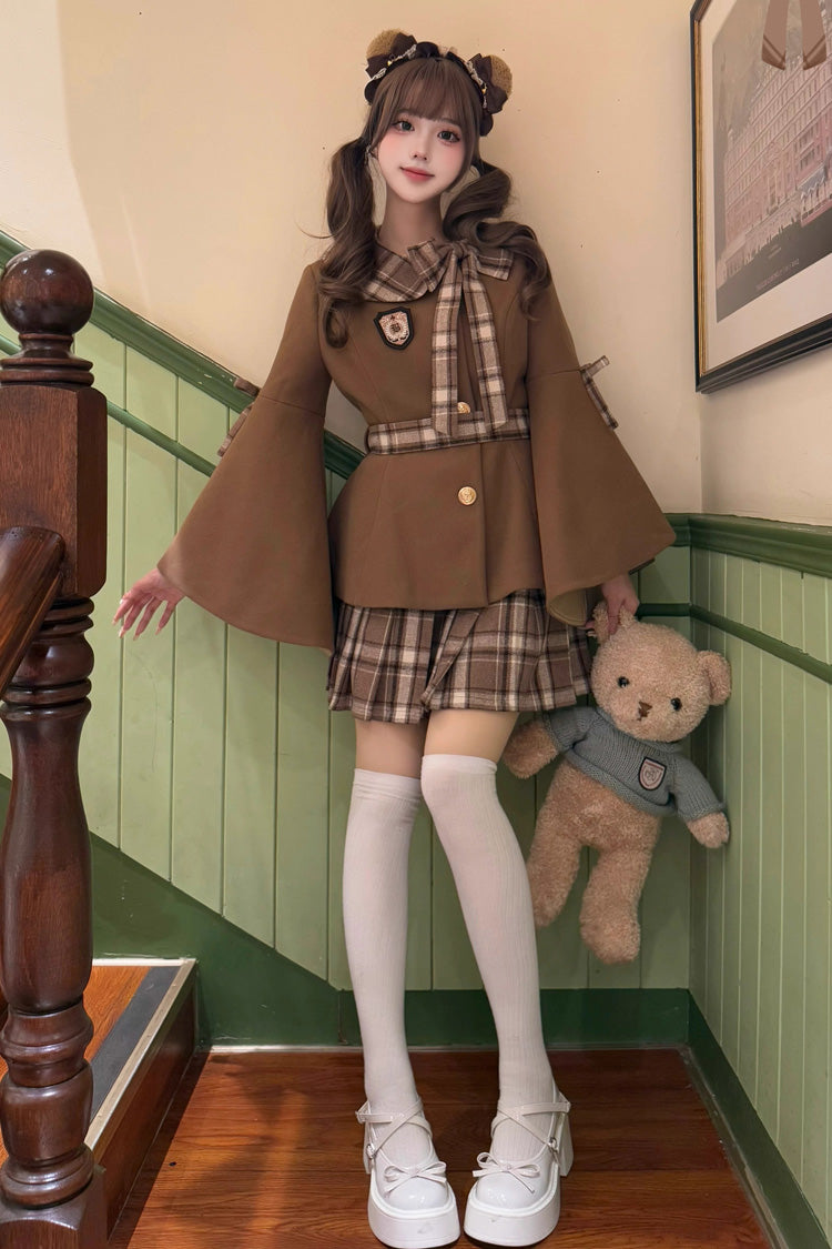 [Chestnut Sea Salt] Long Trumpet Sleeves Print Ruffle Bowknot Sweet Elegant Lolita Skirt Coat 2 Colors - Product - 5