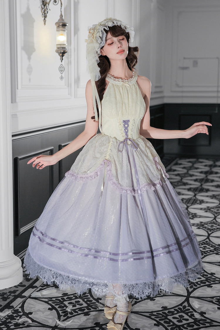 [Tulip Scent] Halterneck Sleeveless Printed Ruffled Lace Lace-Up Fishbone Sweet Lolita Jsk Dress Set (Pink/Purple 2 Colors) - Product - 23
