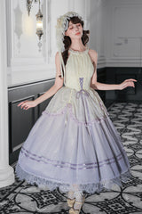 [Tulip Scent] Halterneck Sleeveless Printed Ruffled Lace Lace-Up Fishbone Sweet Lolita Jsk Dress Set (Pink/Purple 2 Colors) - Product - 23