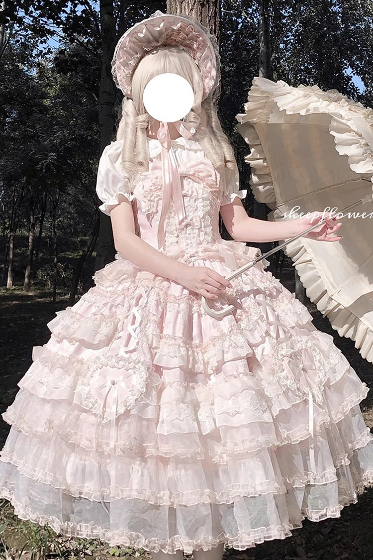Pink [Sweetheart Diary] Multi-Layered Ruffle Hanayome Embroidery Bowknot Lace Sweet Lolita Jsk Dress - Product - 21
