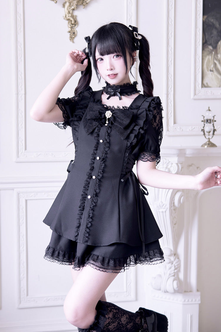Black [Waltz] Short Sleeves Ruffle Bowknot Gothic Jirai Kei Japanese Dress Set - Black - 1
