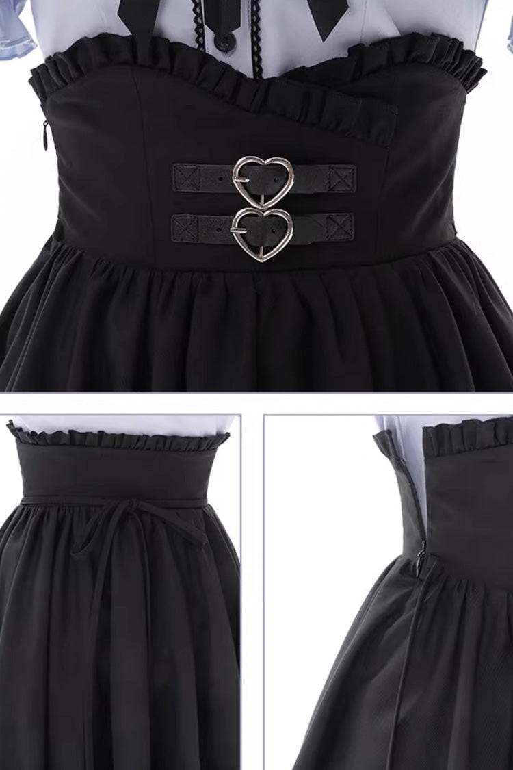 Black/Blue Off Shoulder Short Sleeves Ruffle Bowknot Sweet Jirai Kei Japanese Set - Product - 5