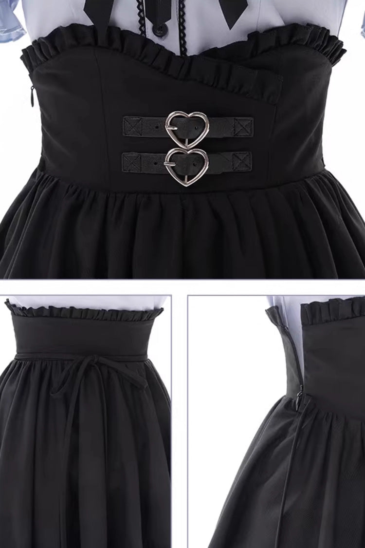 Black/Blue Off Shoulder Short Sleeves Ruffle Bowknot Sweet Jirai Kei Japanese Set - Product - 5
