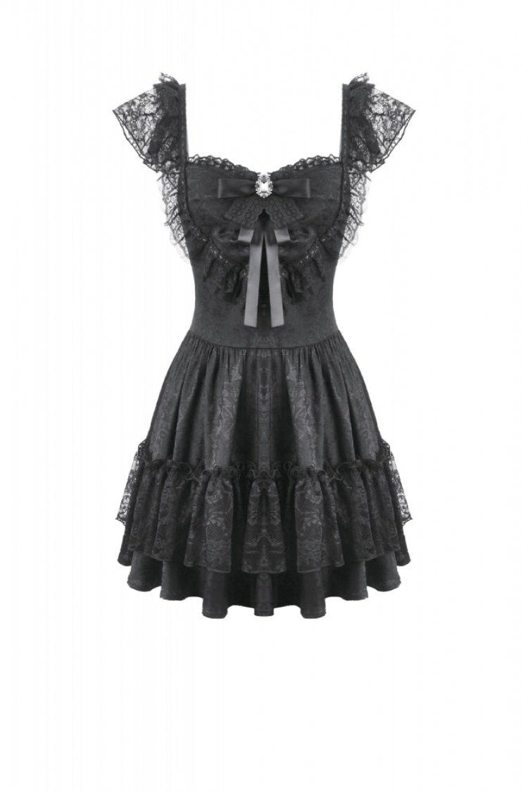 Black Flutter Sleeves Jacquard Bowknot Lace Ruffled Lace-Up Women's Gothic Cake Mini Dress - Product - 3