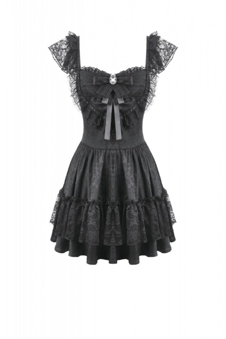 Black Flutter Sleeves Jacquard Bowknot Lace Ruffled Lace-Up Women's Gothic Cake Mini Dress - Product - 3