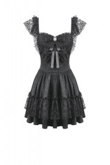 Black Flutter Sleeves Jacquard Bowknot Lace Ruffled Lace-Up Women's Gothic Cake Mini Dress - Product - 3
