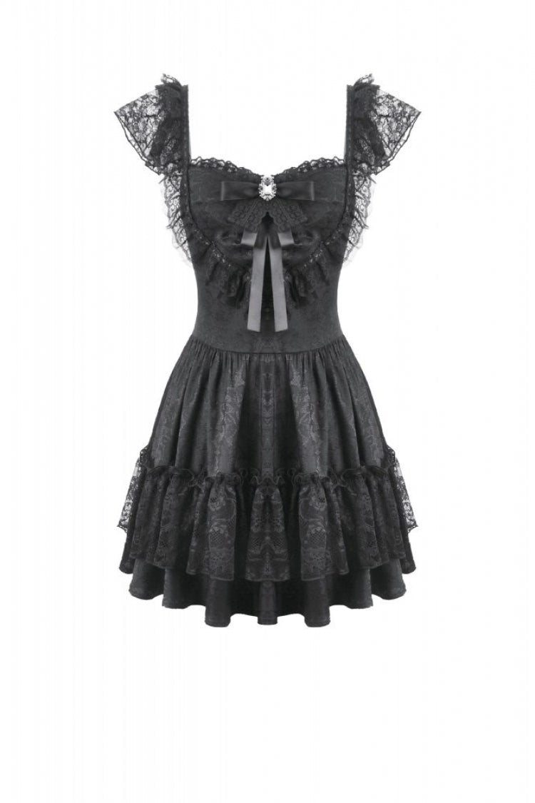 Black Flutter Sleeves Jacquard Bowknot Lace Ruffled Lace-Up Women's Gothic Cake Mini Dress - Product - 3
