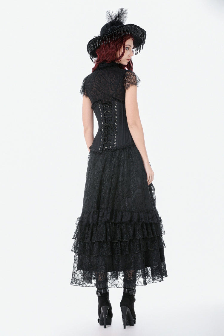 Black Sleeveless Lace Irregular Lace-Up Women's Gothic Underbust Corset - Product - 4
