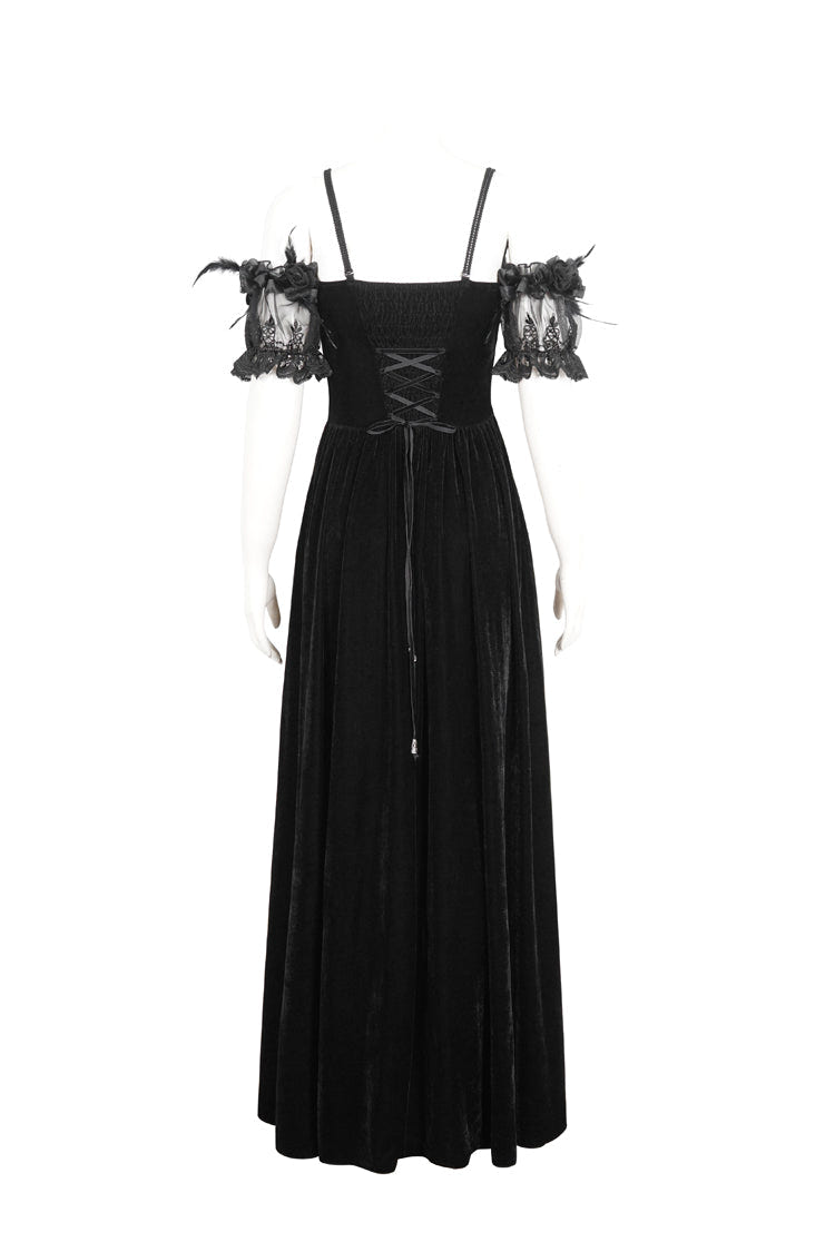 Black Off Shoulder High Waisted Print Lace Women's Gothic Dress - Product - 8