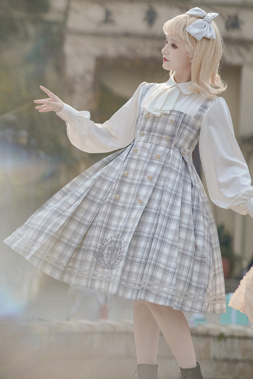 Detective Girl Lapel Collar Double Breasted Embroidery Fake Two Pieces Plaid Sweet Lolita OP Dress - Grey - 5