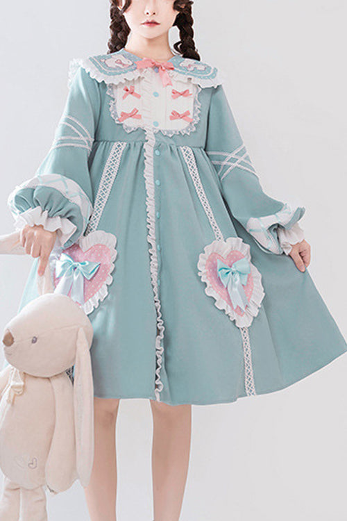 Blue Rabbit Lapel Collar Lantern Sleeves Love Embroidered Sweet Lolita OP Dress - Blue - 1