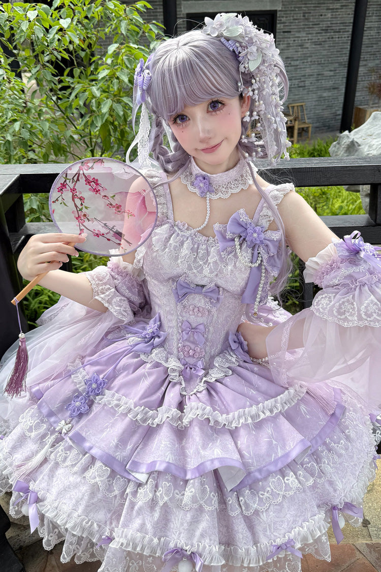 Purple [Prelude of Spring Cherry] Square Collar Sleeveless Multi-Layered Jacquard Ruffled Bow Lace Pearl-Decorated Sweet Lolita Jsk Dress - Purple - 1