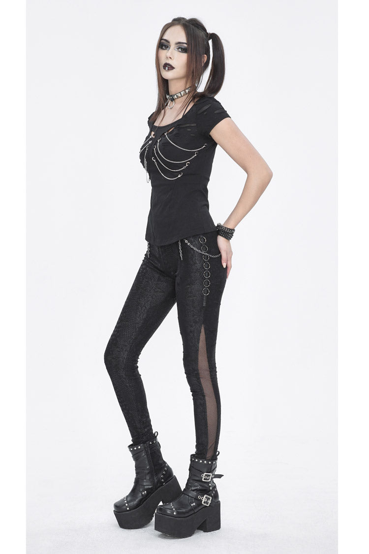 Black Short Sleeves Hollow Ripped Women's Steampunk T-Shirt - Product - 5