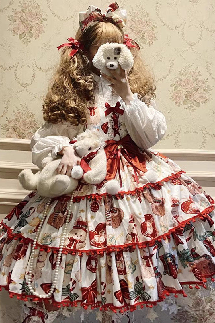 Red/White [Christmas Bear] Print Triple-Layered Ruffle Bowknot Sweet Princess Lolita Jsk Dress - Red/White - 1