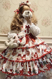 Red/White Christmas Bear Print Triple-Layered Ruffle Bowknot Sweet Princess (Dress Only) front view
