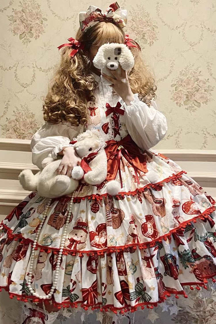 Red/White Christmas Bear Print Triple-Layered Ruffle Bowknot Sweet Princess (Dress Only) front view