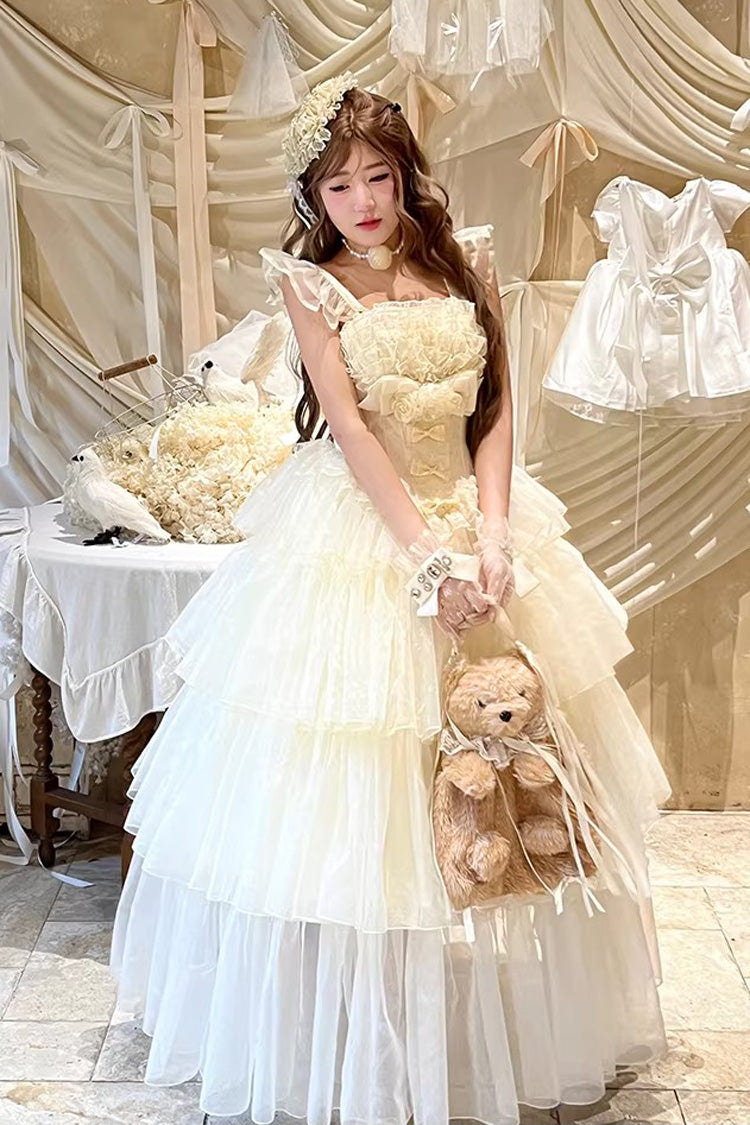 Off White [Mousse Love Song] Sleeveless Multi-Layered Ruffled Hanayome Bow Sweet Lolita Dress - Product - 2