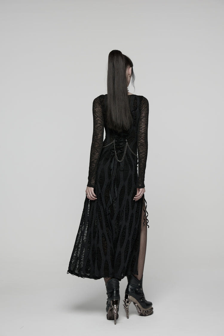 Black Round Collar Long Sleeves Cut-Out Lace-Up Slim Buckled Chain-Decorated Eyelet Women's Punk Cool Dress - Product - 3