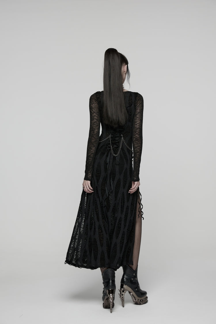 Black Round Collar Long Sleeves Cut-Out Lace-Up Slim Buckled Chain-Decorated Eyelet Women's Punk Cool Dress - Product - 3