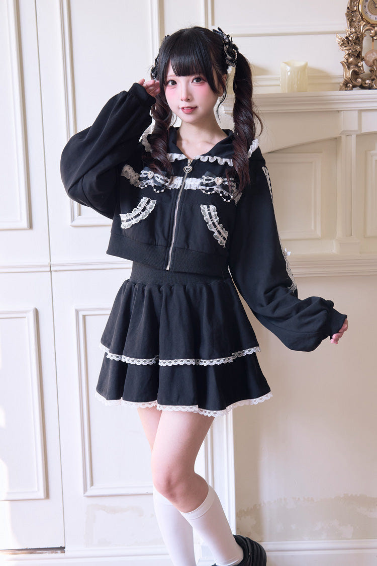 Sweet Long Sleeves Bowknot Lace Hooded Jirai Kei Hoodie Skirt Set 3 Colors - Black - 4