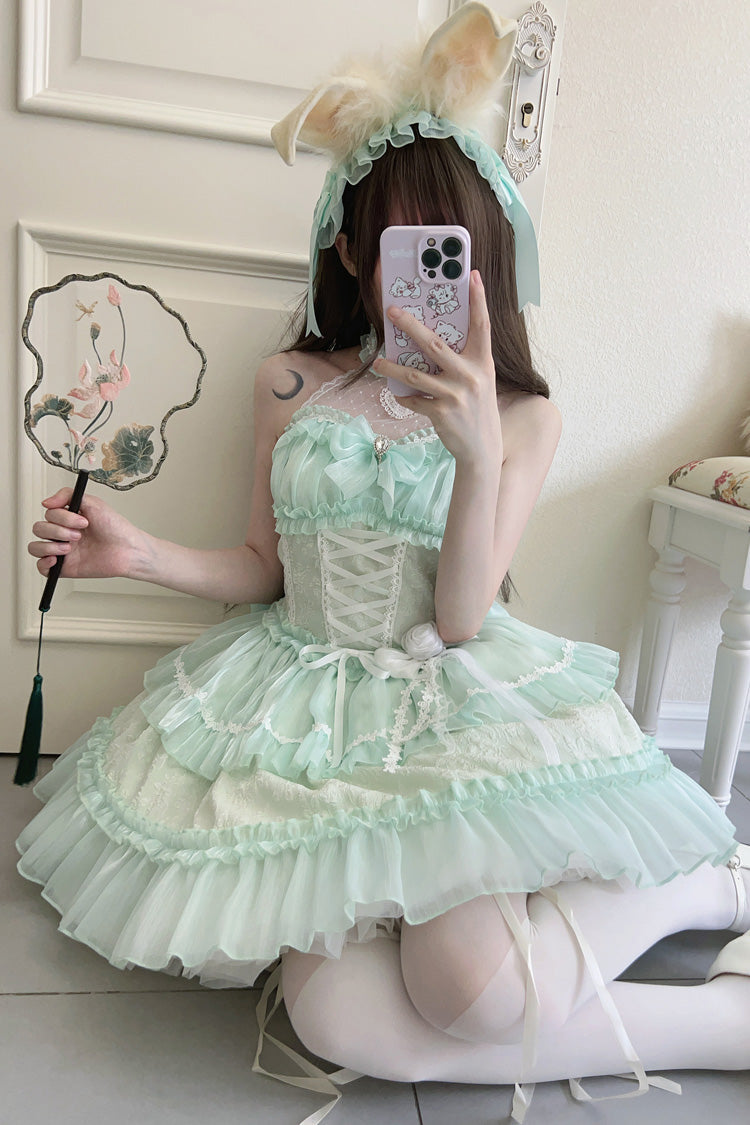 Green Halterneck Triple-Layered Bowknot Lace Sweet Lolita Jsk Dress - Product - 4