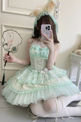 Green Halterneck Triple-Layered Bowknot Lace Sweet Lolita Jsk Dress - Product - 4