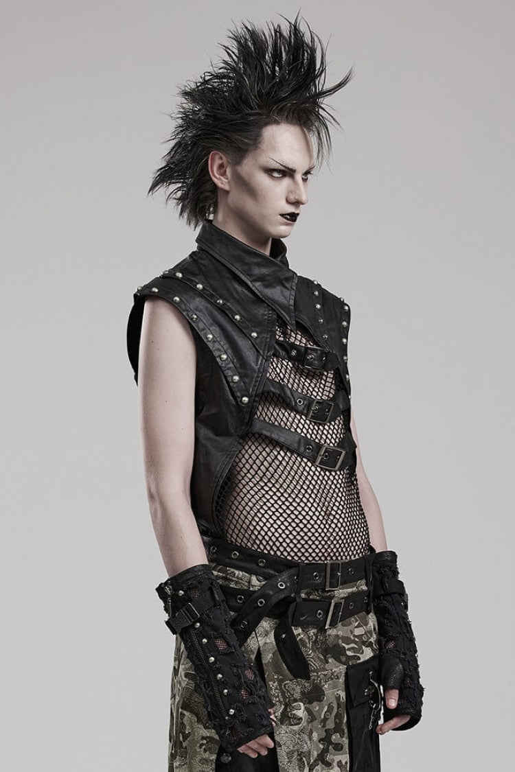 Black Faux Leather Stitching Mesh Sheer Metal Rivets Mens Steampunk Vest - Product - 2