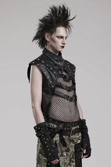 Black Faux Leather Stitching Mesh Sheer Metal Rivets Mens Steampunk Vest - Product - 2
